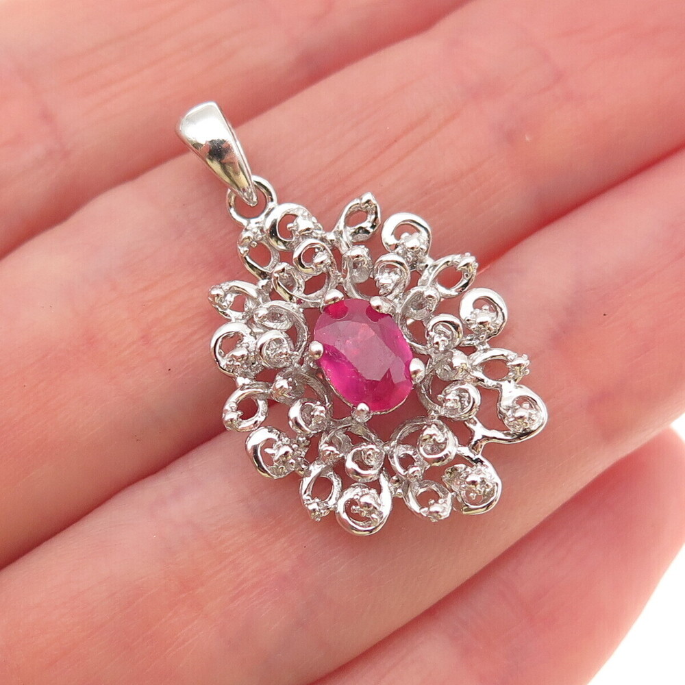 925 Sterling Silver Real Oval-Cut Ruby Floral Charm Pendant